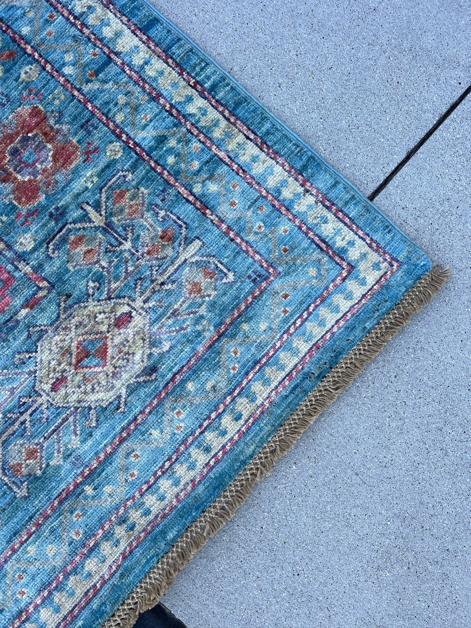 8x10 (240x300) Handmade Afghan Rug | Aqua Sky Blue Crimson Burgundy Red Ivory Cream Gold Cream | Wool Floral Geometric Tribal Gabbeh