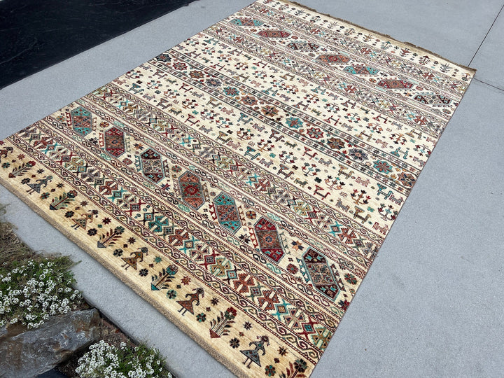 7x10 (210x305) Handmade Afghan Rug | Cream Beige Blood Red Navy Blue Teal Turquoise Black Gold Coral Burnt Orange | Wool Gabbeh