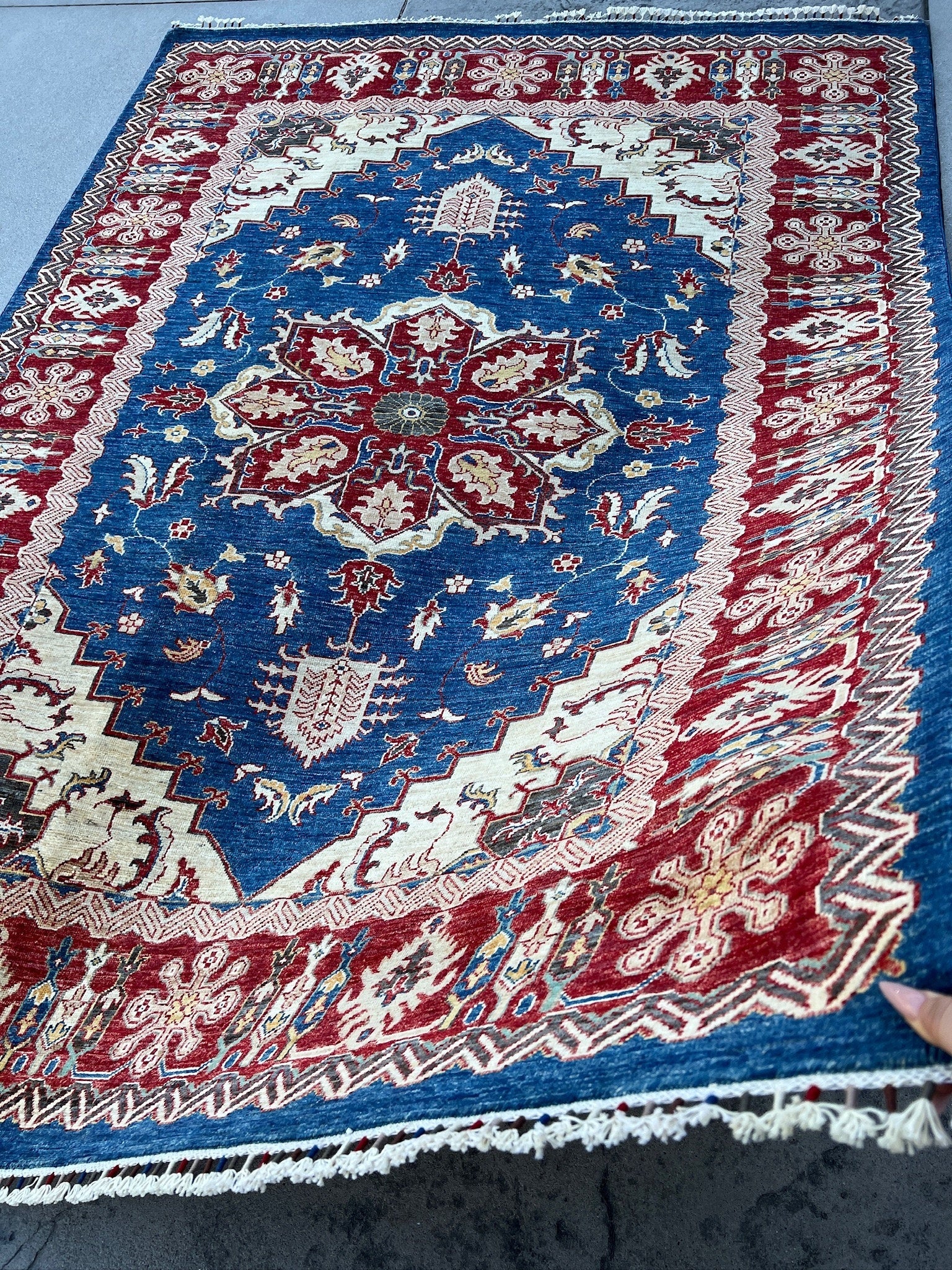 6x8 (180x245) Handmade Afghan Rug | Royal Sky Blue Crimson Red Cream White Ivory Golden Yellow Salmon Charcoal | Wool Heriz Persian Floral