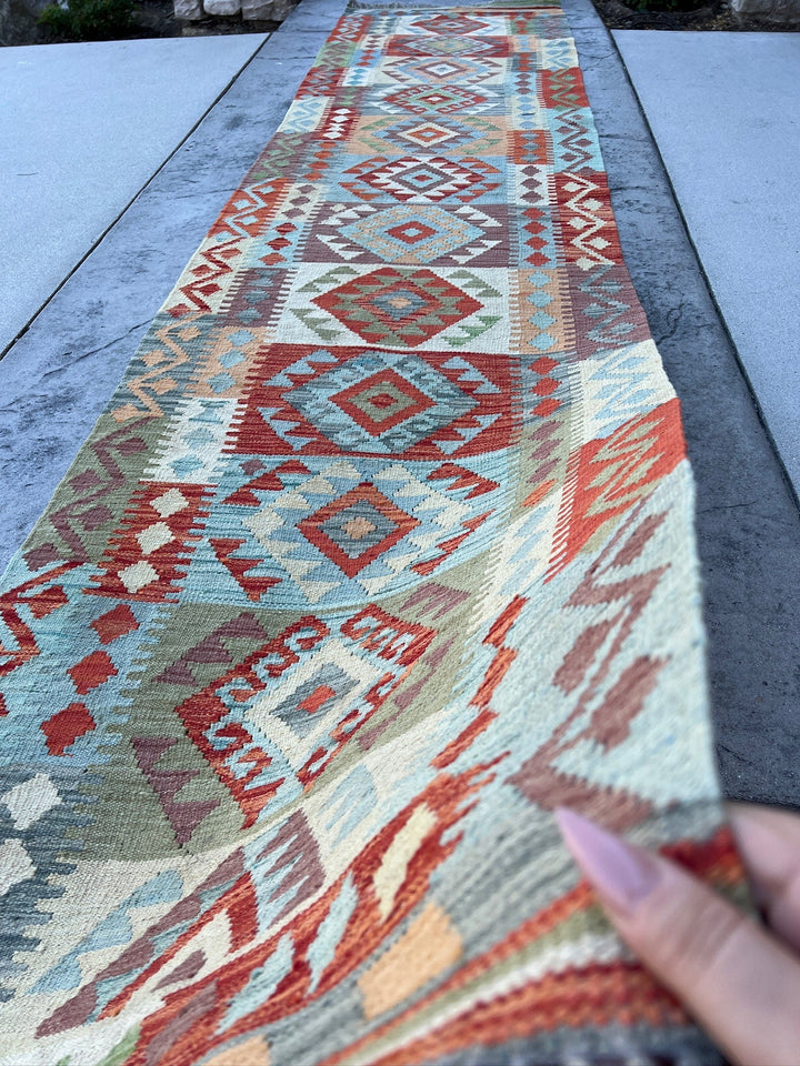 3x13 (90x410) Handmade Afghan Kilim Rug Runner | Sky Blue Moss Green Peach Burnt Orange Cream Taupe Eggplant Purple Cornsilk Yellow | Wool