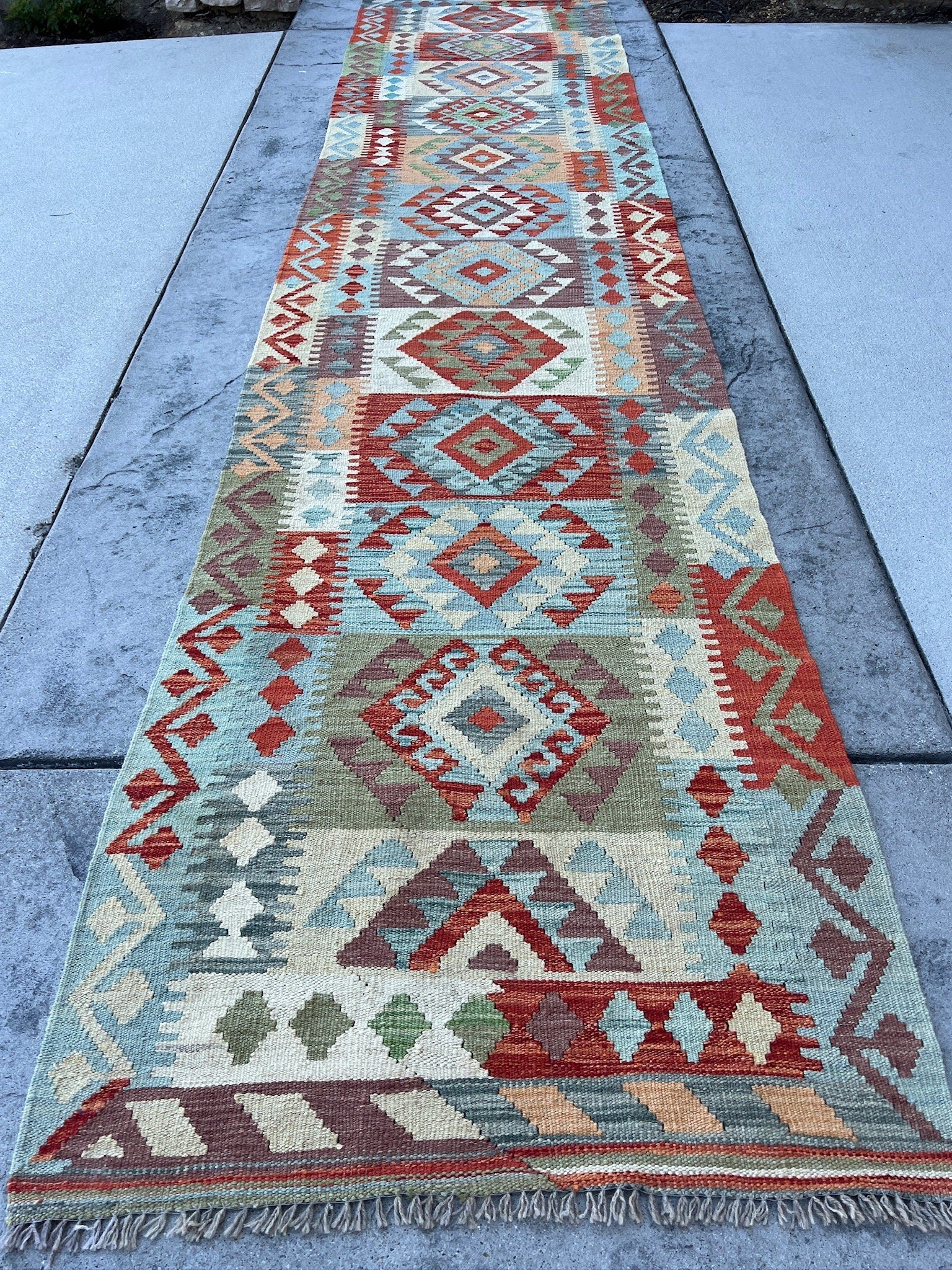 3x13 (90x410) Handmade Afghan Kilim Rug Runner | Sky Blue Moss Green Peach Burnt Orange Cream Taupe Eggplant Purple Cornsilk Yellow | Wool