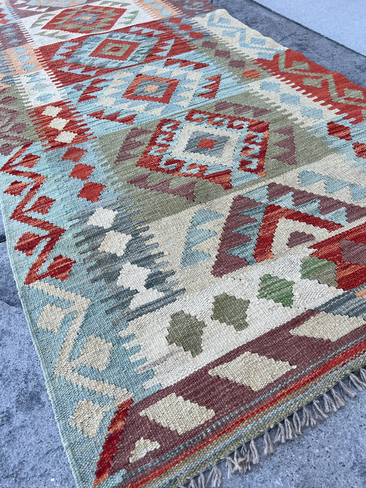 3x13 (90x410) Handmade Afghan Kilim Rug Runner | Sky Blue Moss Green Peach Burnt Orange Cream Taupe Eggplant Purple Cornsilk Yellow | Wool