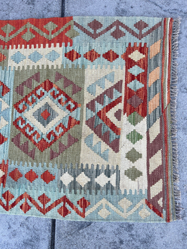 3x13 (90x410) Handmade Afghan Kilim Rug Runner | Sky Blue Moss Green Peach Burnt Orange Cream Taupe Eggplant Purple Cornsilk Yellow | Wool