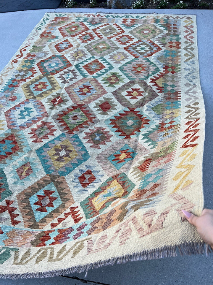 7x10 Handmade Afghan Kilim Rug | Cream White Mocha Brown Rust Orange Blood Red Sand Sky Aqua Blue Rose Pink Mustard Forest Moss Green | Wool