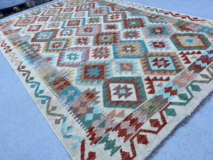 7x10 Handmade Afghan Kilim Rug | Cream White Mocha Brown Rust Orange Blood Red Sand Sky Aqua Blue Rose Pink Mustard Forest Moss Green | Wool