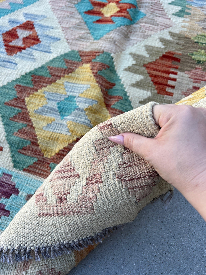 7x10 Handmade Afghan Kilim Rug | Cream White Mocha Brown Rust Orange Blood Red Sand Sky Aqua Blue Rose Pink Mustard Forest Moss Green | Wool