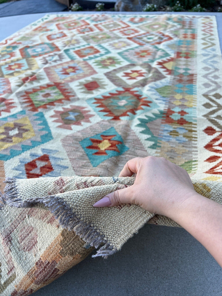 7x10 Handmade Afghan Kilim Rug | Cream White Mocha Brown Rust Orange Blood Red Sand Sky Aqua Blue Rose Pink Mustard Forest Moss Green | Wool