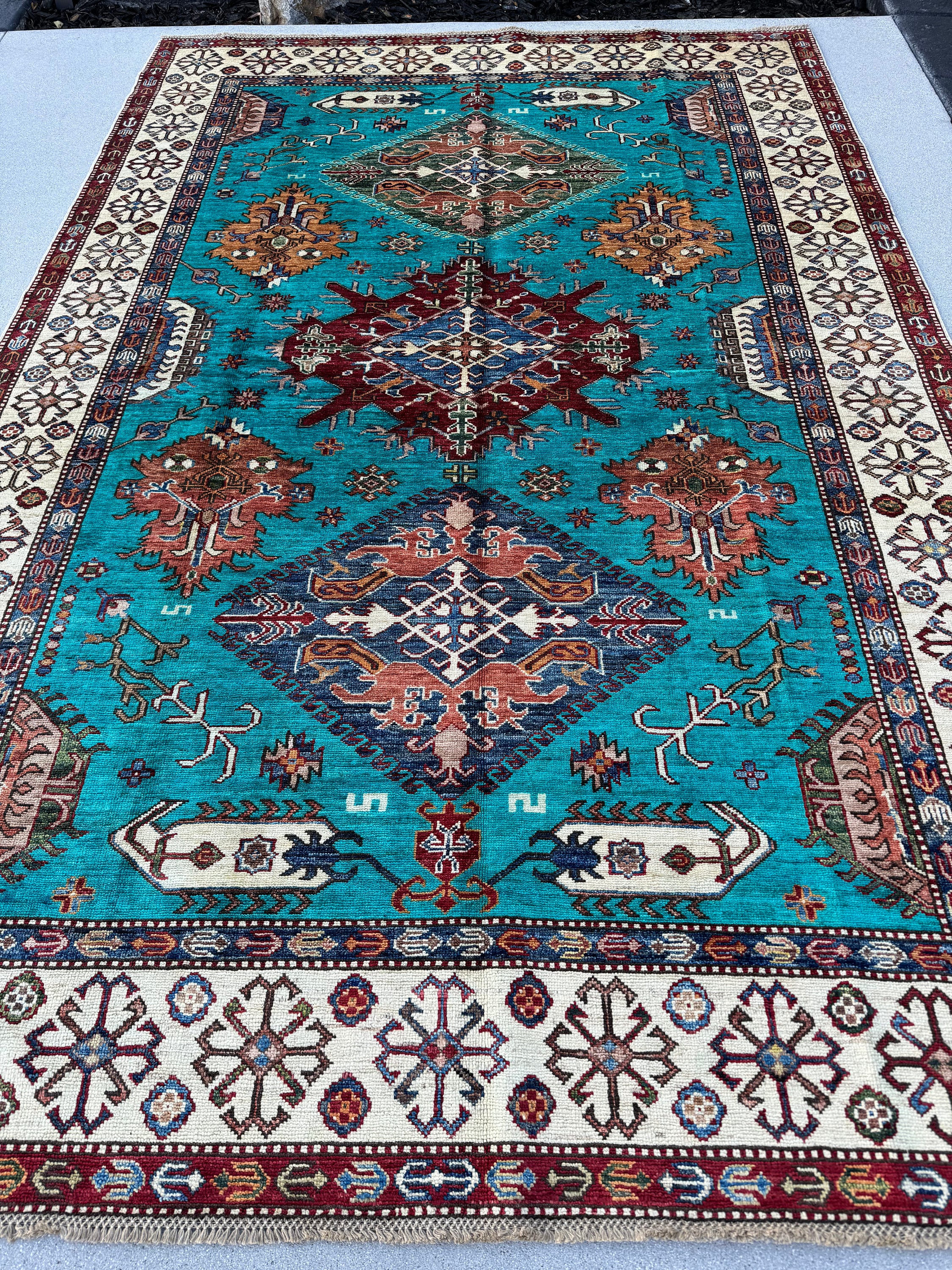 6x9 (183x274) Handmade Afghan Rug | Turquoise Burgundy Red Ivory Navy Blue Gold Chocolate Brown Rust Orange Olive Forest Green White Teal