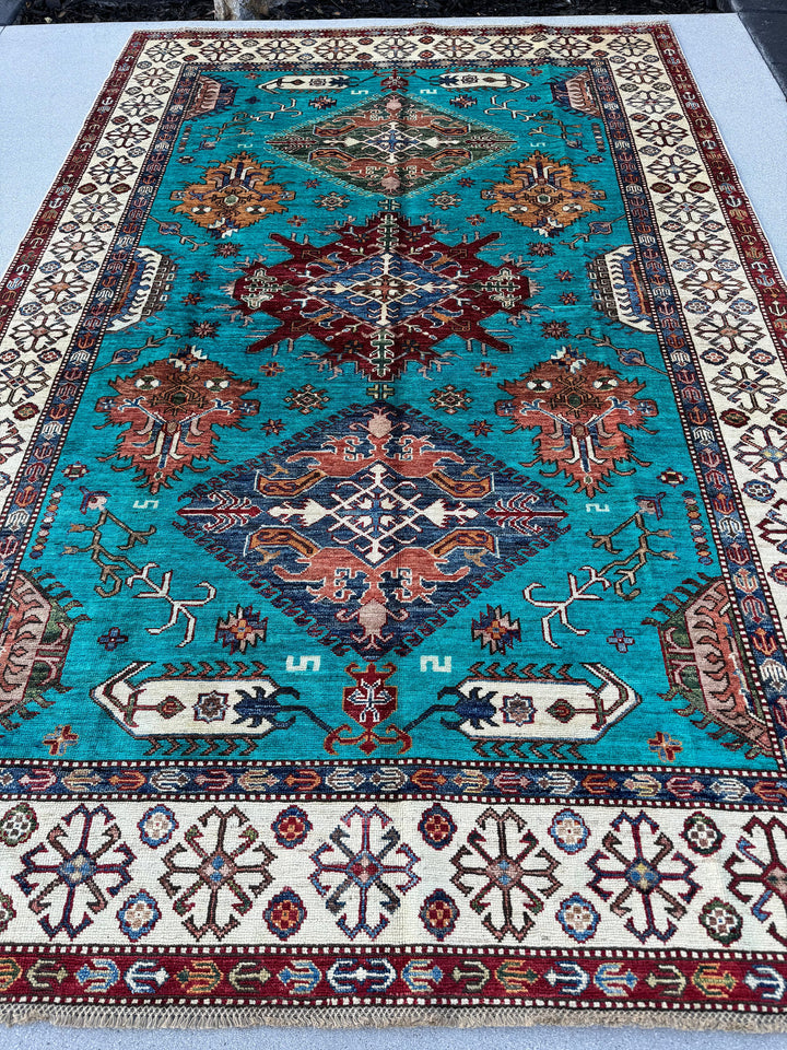 6x9 (183x274) Handmade Afghan Rug | Turquoise Burgundy Red Ivory Navy Blue Gold Chocolate Brown Rust Orange Olive Forest Green White Teal