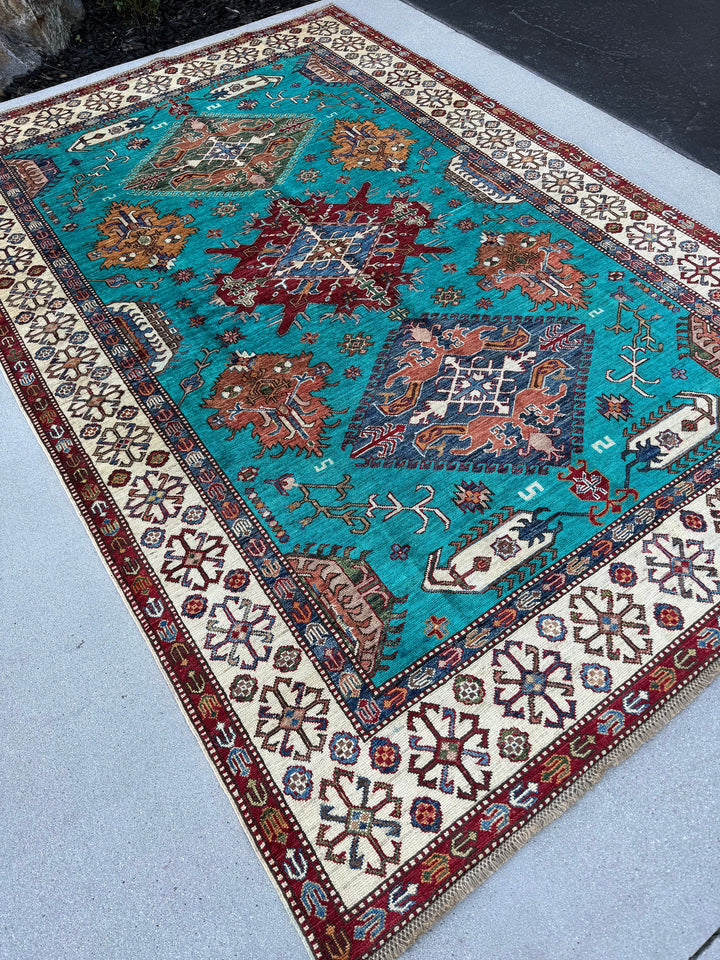 6x9 (183x274) Handmade Afghan Rug | Turquoise Burgundy Red Ivory Navy Blue Gold Chocolate Brown Rust Orange Olive Forest Green White Teal