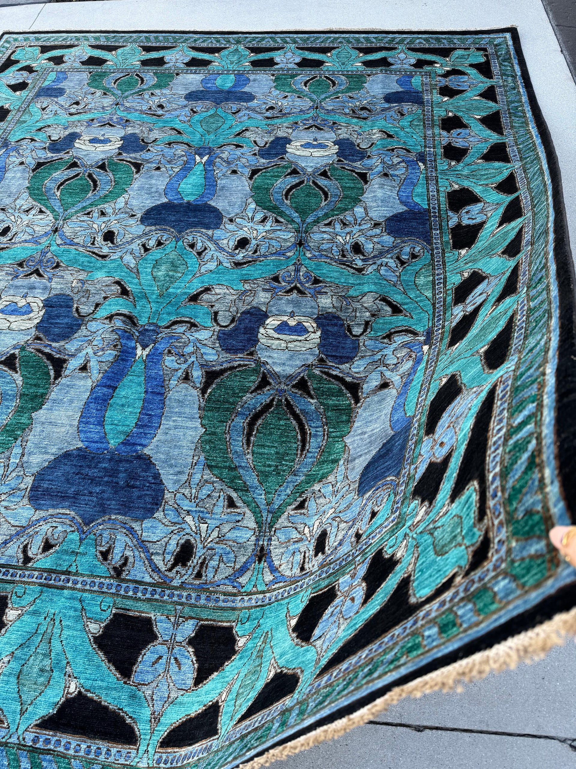 8x9-10 (244x305) Handmade Afghan Rug | Navy Denim Sky Blue Teal Silver Emerald Green Slate Grey Black Cream | Wool Floral Paisley