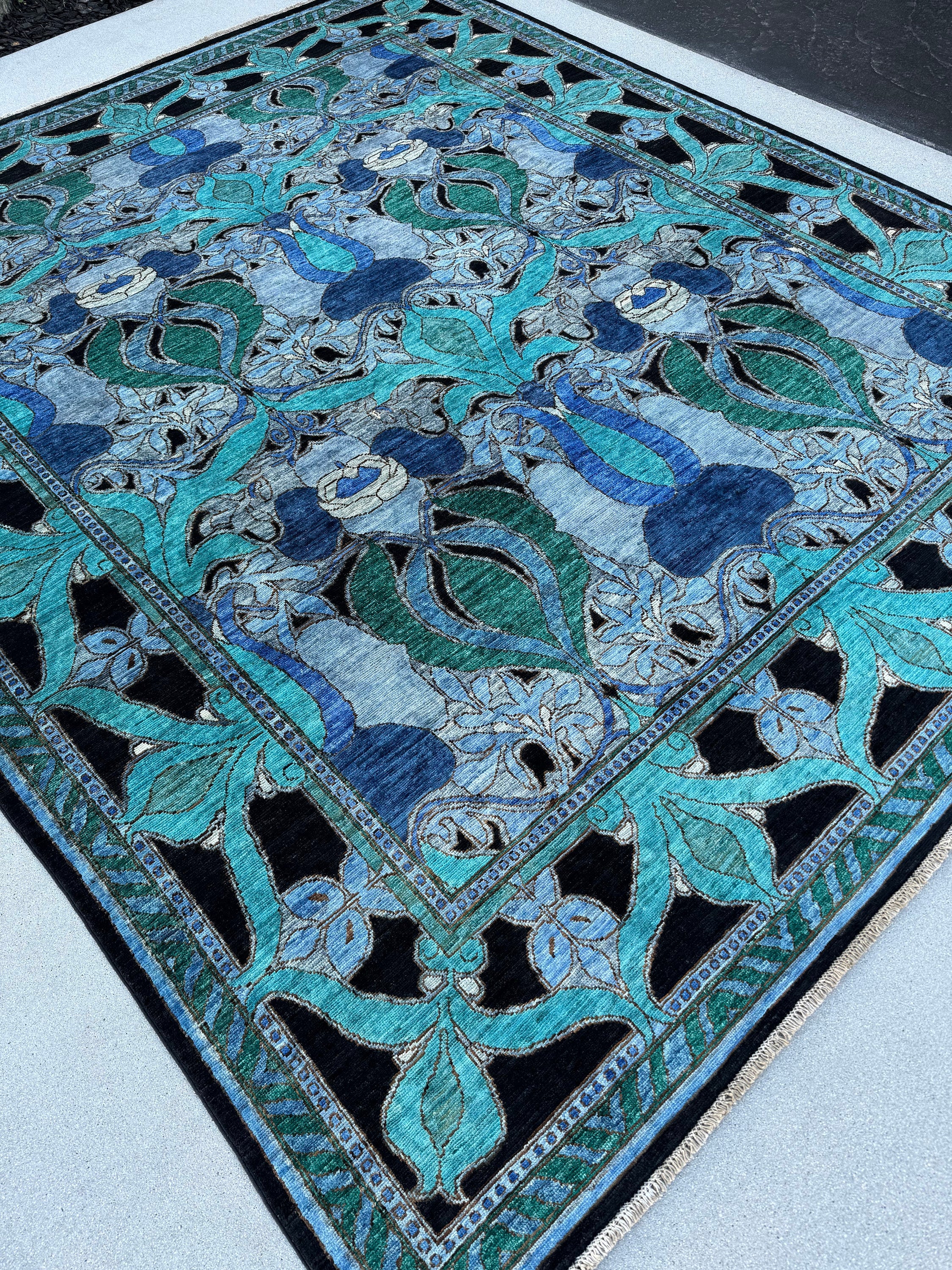 8x9-10 (244x305) Handmade Afghan Rug | Navy Denim Sky Blue Teal Silver Emerald Green Slate Grey Black Cream | Wool Floral Paisley