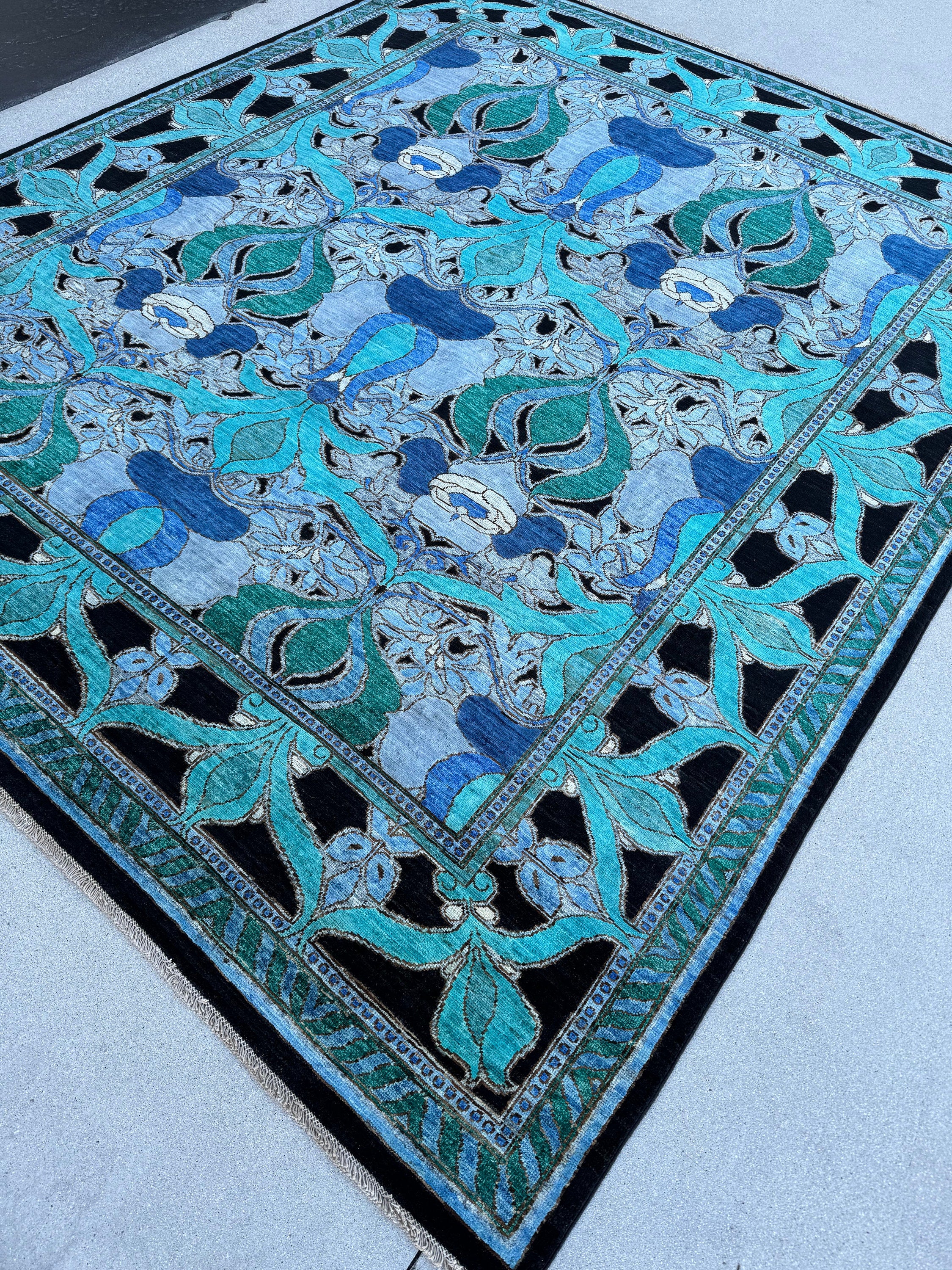 8x9-10 (244x305) Handmade Afghan Rug | Navy Denim Sky Blue Teal Silver Emerald Green Slate Grey Black Cream | Wool Floral Paisley