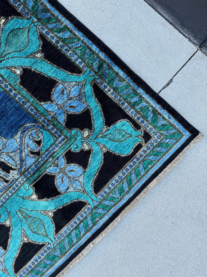 8x9-10 (244x305) Handmade Afghan Rug | Navy Denim Sky Blue Teal Silver Emerald Green Slate Grey Black Cream | Wool Floral Paisley