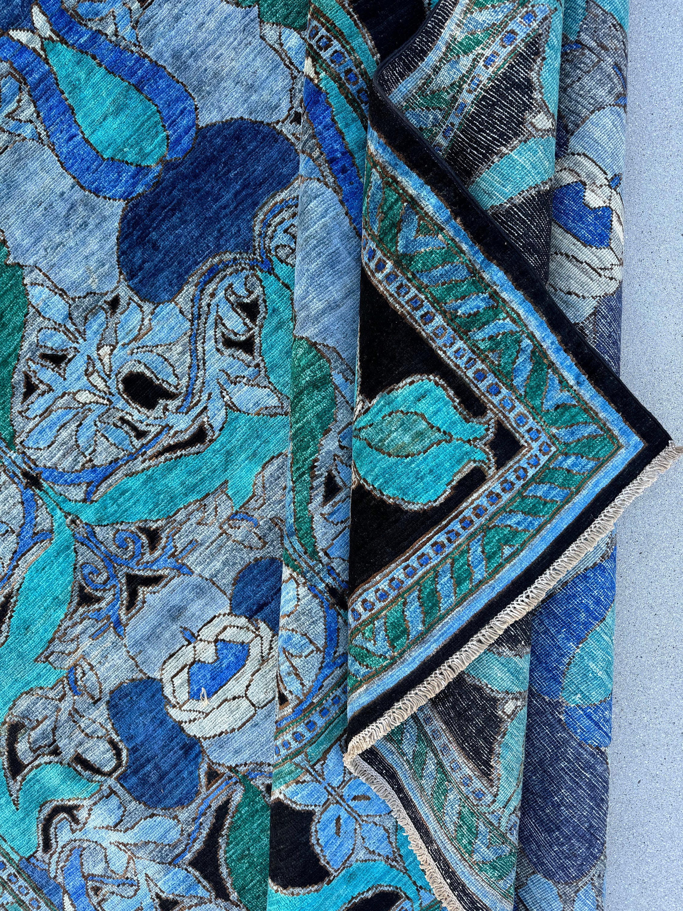 8x9-10 (244x305) Handmade Afghan Rug | Navy Denim Sky Blue Teal Silver Emerald Green Slate Grey Black Cream | Wool Floral Paisley