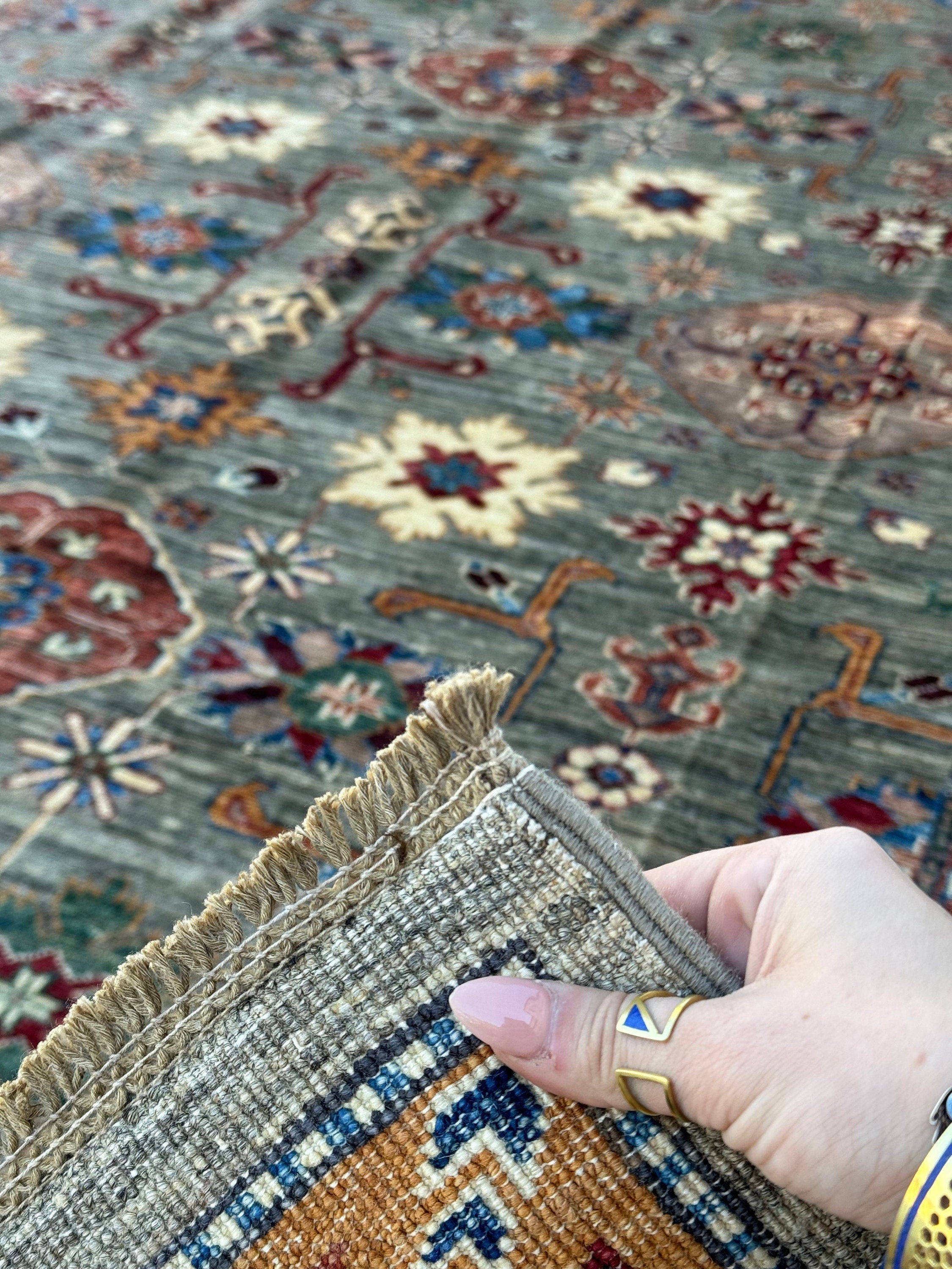 7x10 (213x305) Hand Knotted Handmade Afghan Rug | Charcoal Grey Crimson Red Sapphire Blue Ivory Forest Green Burnt Rust Orange Gold | Wool