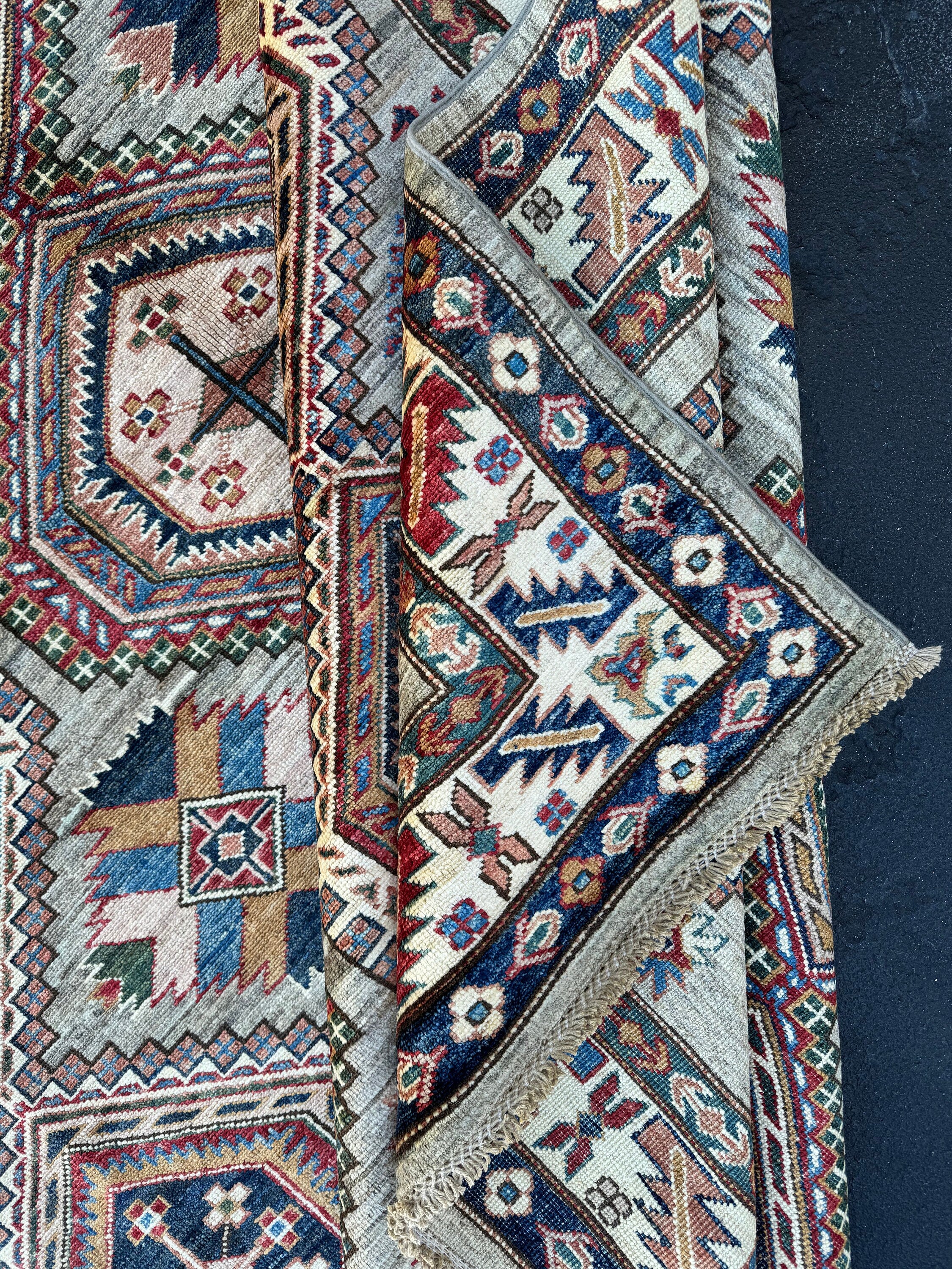 7x10 (213x305) Hand Knotted Handmade Afghan Rug | Grey Crimson Red Sky Denim Navy Blue Ivory Emerald Green Mustard Sand Cream | Wool