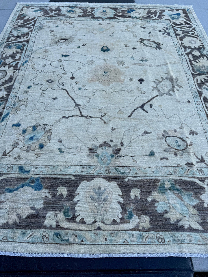 8x10 (240x300) Handmade Afghan Rug | Cream White Taupe Brown Powder Prussian Blue Dusty Rose | Wool Oushak Floral Persian