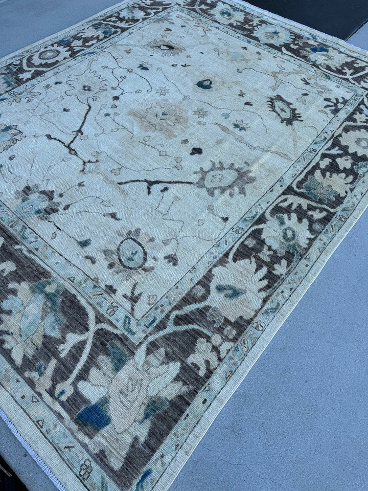 8x10 (240x300) Handmade Afghan Rug | Cream White Taupe Brown Powder Prussian Blue Dusty Rose | Wool Oushak Floral Persian