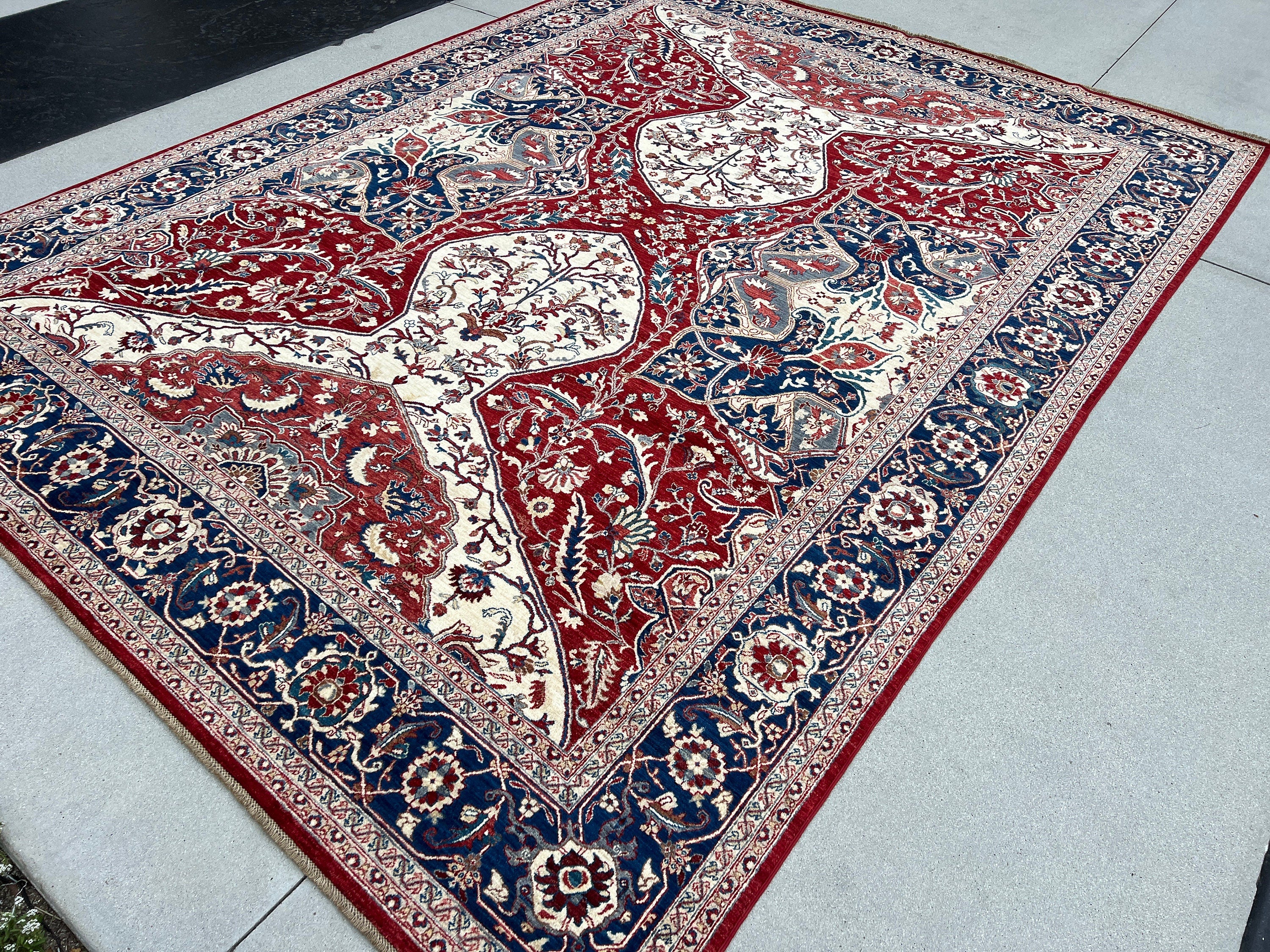 9x12 (274x365) Handmade Afghan Rug | Crimson Red Midnight Steel Blue Ivory Cream White | Wool Persian Heriz Floral Turkish