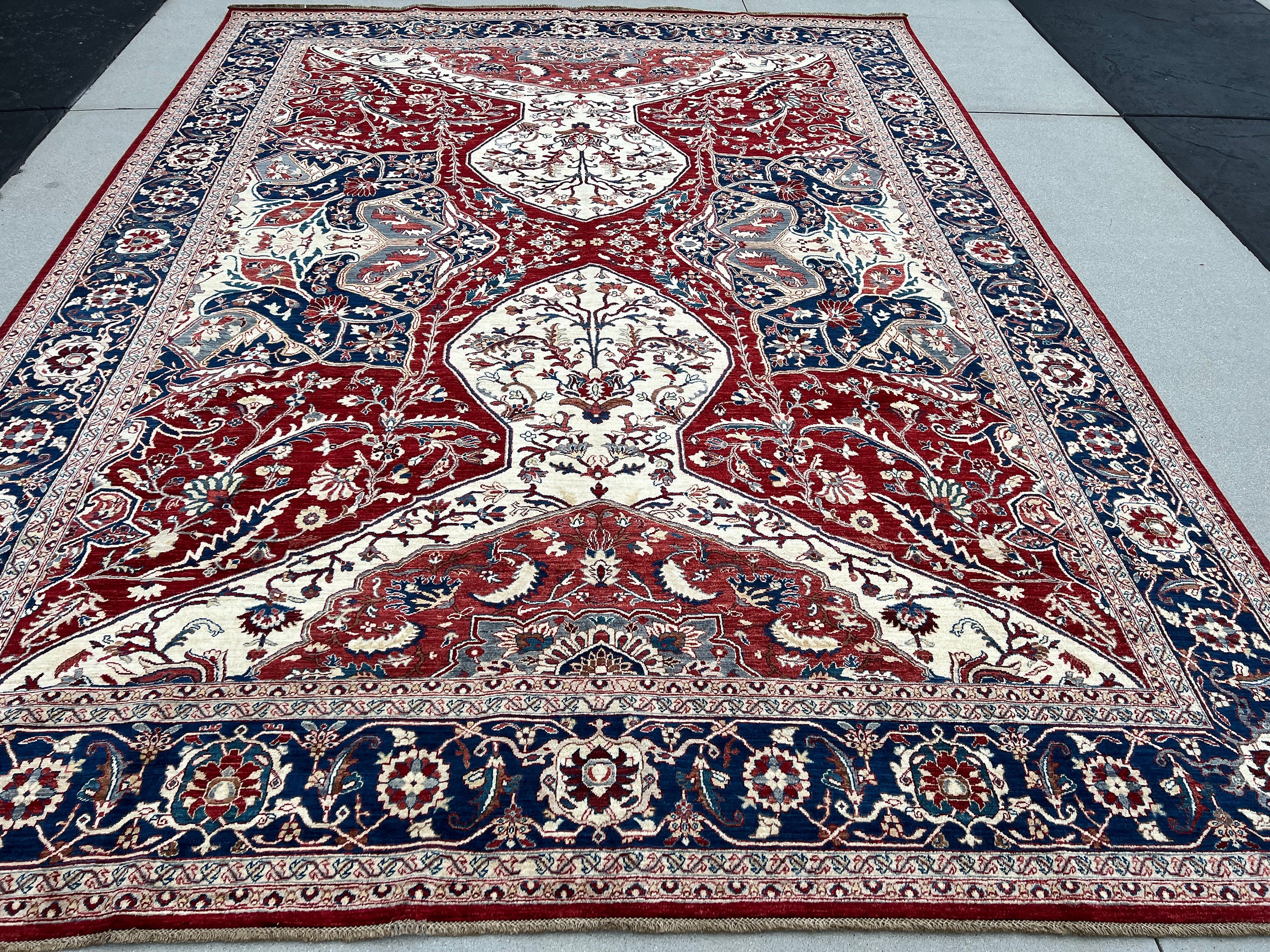 9x12 (274x365) Handmade Afghan Rug | Crimson Red Midnight Steel Blue Ivory Cream White | Wool Persian Heriz Floral Turkish