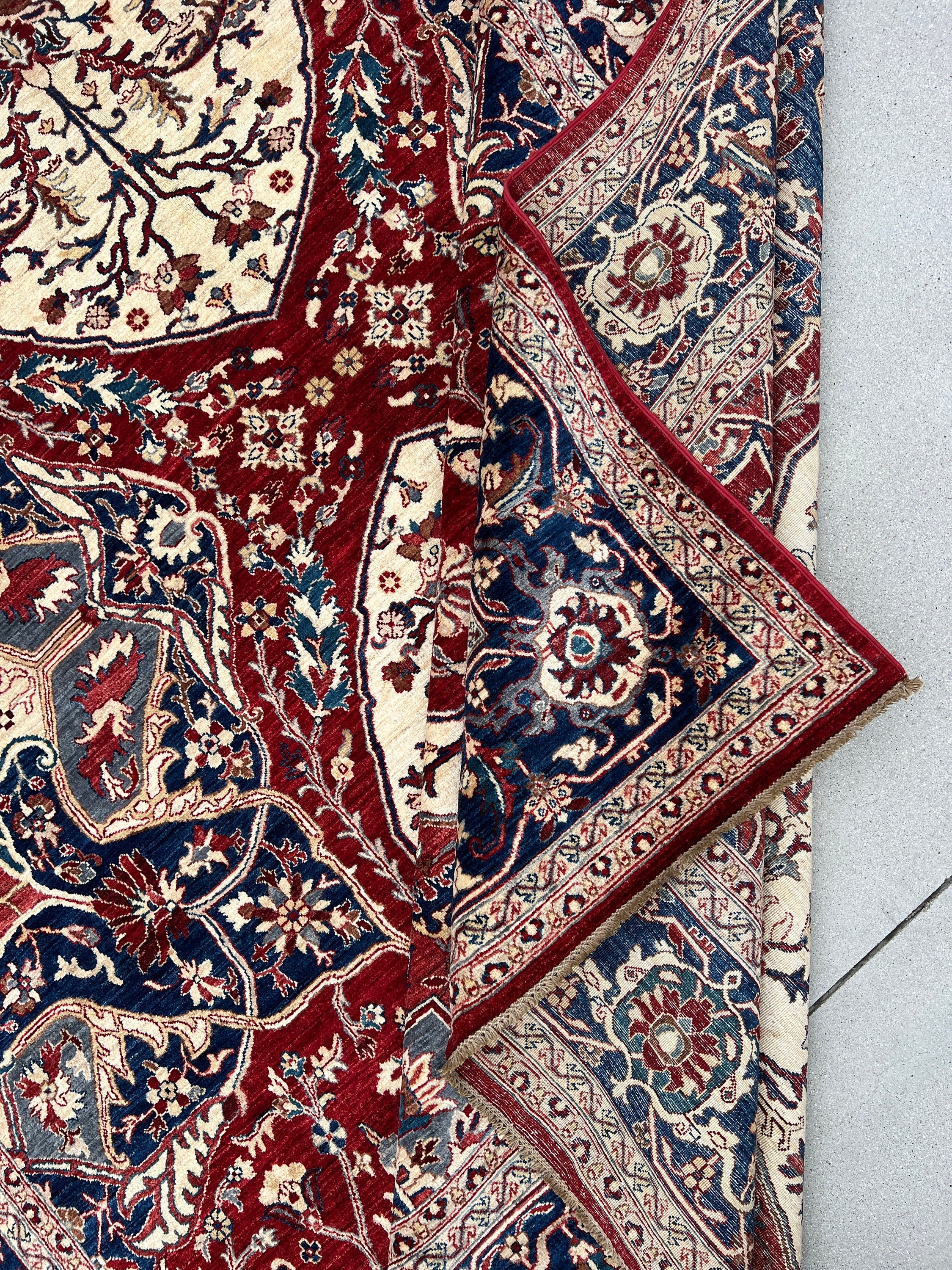 9x12 (274x365) Handmade Afghan Rug | Crimson Red Midnight Steel Blue Ivory Cream White | Wool Persian Heriz Floral Turkish