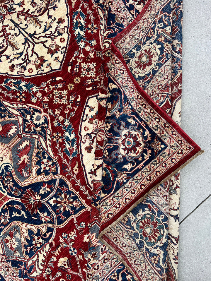 9x12 (274x365) Handmade Afghan Rug | Crimson Red Midnight Steel Blue Ivory Cream White | Wool Persian Heriz Floral Turkish