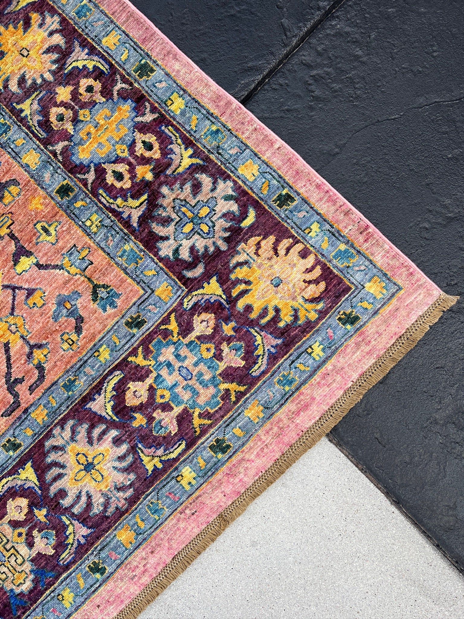 8x10-8x11 (245x305) Handmade Afghan Rug | Dusty Rose Salmon Pink Denim Navy Blue Eggplant Lavender Purple Gold Saffron | Wool Heriz Serapi