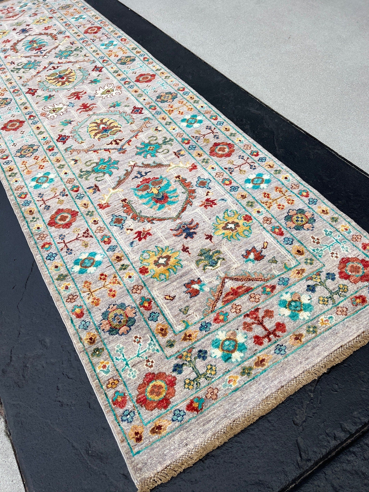 3x9 (91x290) Handmade Afghan Runner Rug | Grey White Ivory Steel Turquoise Crimson Red Forest Green Golden Yellow Burnt Orange Teal Sapphire