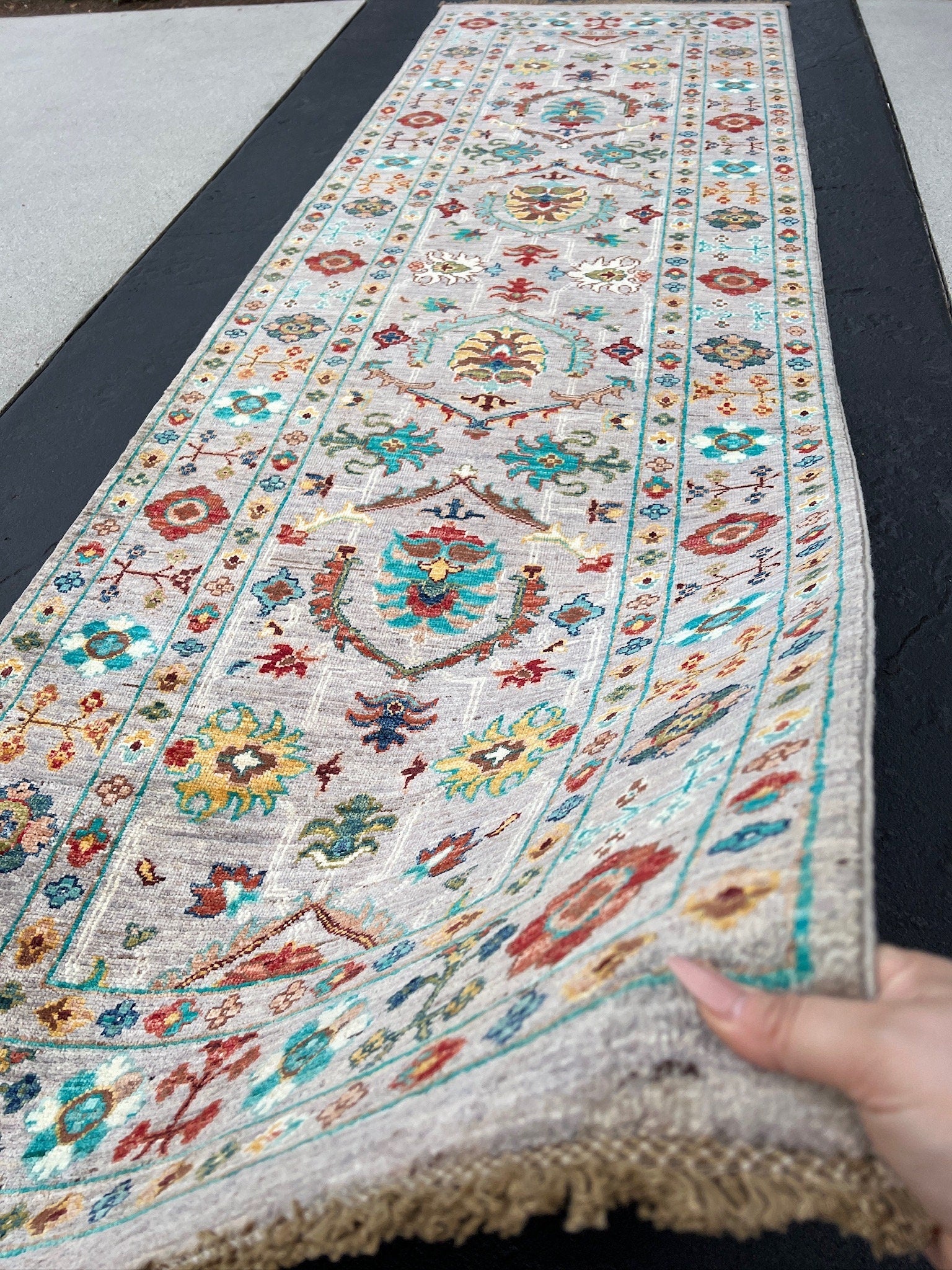 3x9 (91x290) Handmade Afghan Runner Rug | Grey White Ivory Steel Turquoise Crimson Red Forest Green Golden Yellow Burnt Orange Teal Sapphire