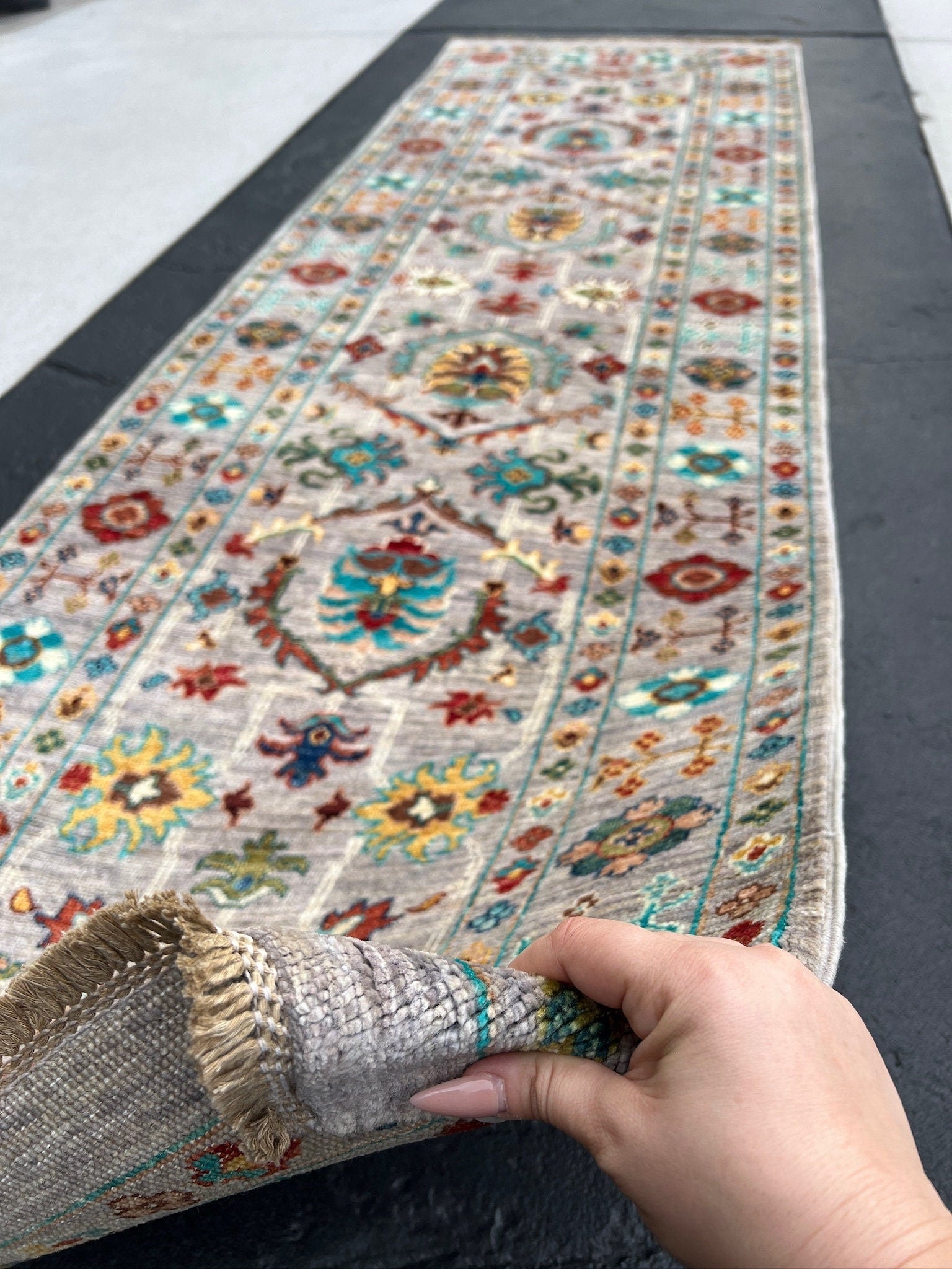 3x9 (91x290) Handmade Afghan Runner Rug | Grey White Ivory Steel Turquoise Crimson Red Forest Green Golden Yellow Burnt Orange Teal Sapphire