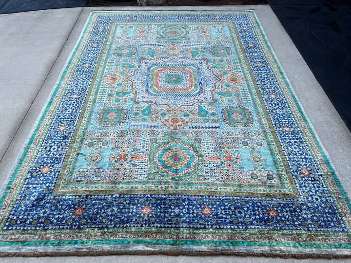 7x10 (210x305) Handmade Afghan Rug | Turquoise Indigo Royal Navy Sky Aqua Blue Burnt Coral Orange Emerald Pine Green | Wool Mamluk