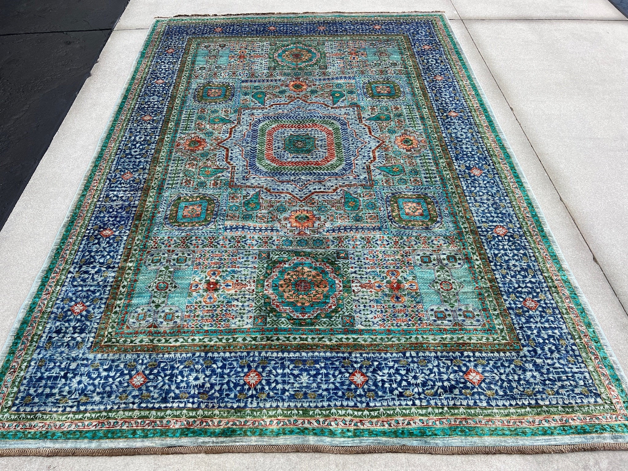 7x10 (210x305) Handmade Afghan Rug | Turquoise Indigo Royal Navy Sky Aqua Blue Burnt Coral Orange Emerald Pine Green | Wool Mamluk