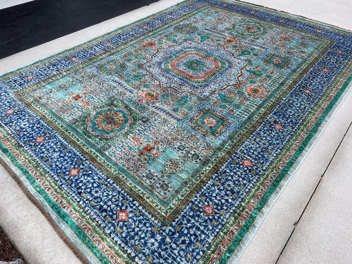 7x10 (210x305) Handmade Afghan Rug | Turquoise Indigo Royal Navy Sky Aqua Blue Burnt Coral Orange Emerald Pine Green | Wool Mamluk