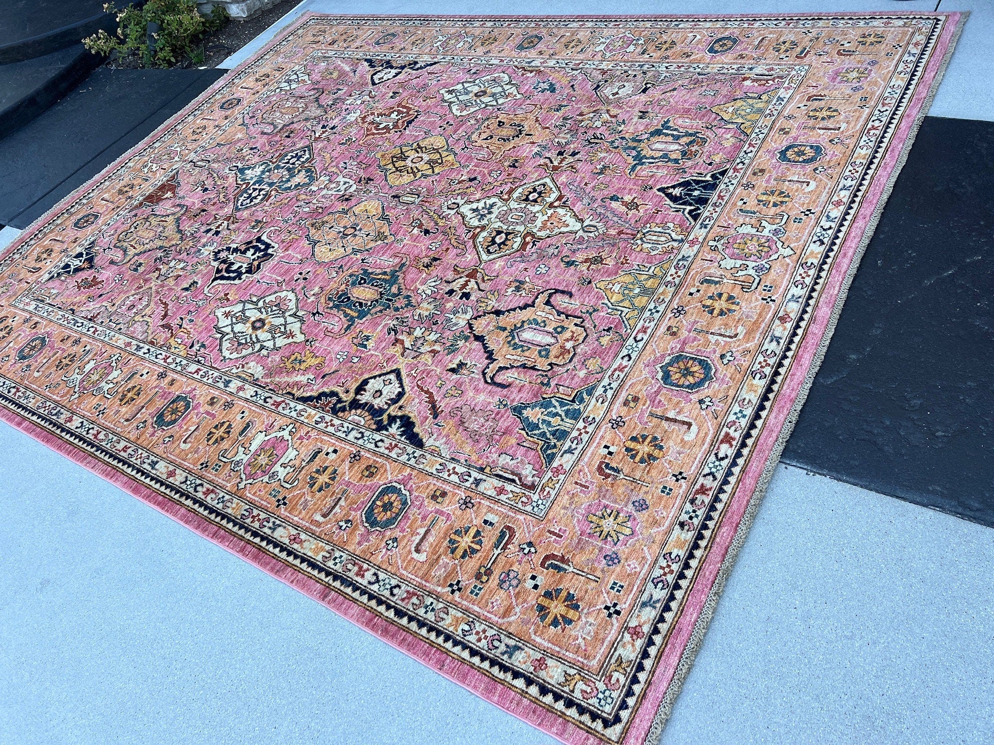 8x10 (240x300) Handmade Afghan Rug | Rose Salmon Pink Navy Denim Blue Cream Ivory Gold Saffron Peach Teal Terracotta Red Orange | Wool