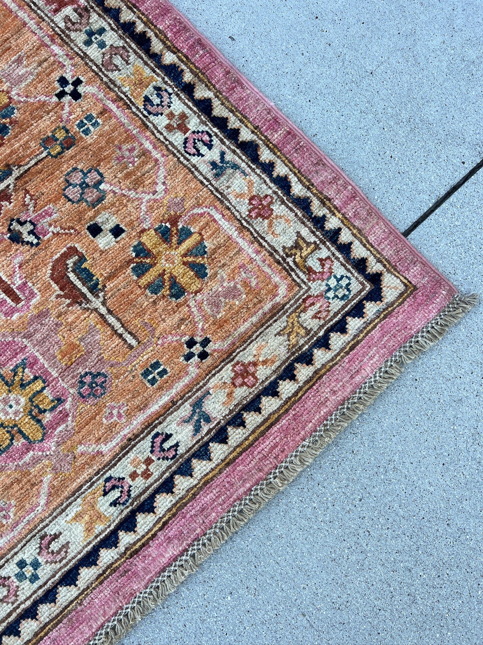 8x10 (240x300) Handmade Afghan Rug | Rose Salmon Pink Navy Denim Blue Cream Ivory Gold Saffron Peach Teal Terracotta Red Orange | Wool