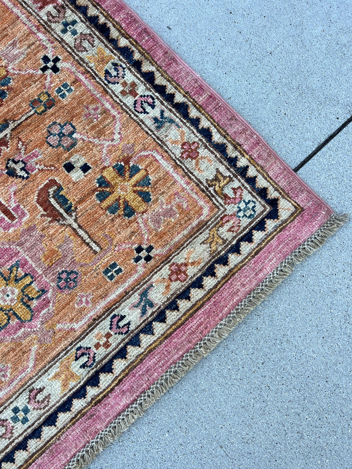 8x10 (240x300) Handmade Afghan Rug | Rose Salmon Pink Navy Denim Blue Cream Ivory Gold Saffron Peach Teal Terracotta Red Orange | Wool