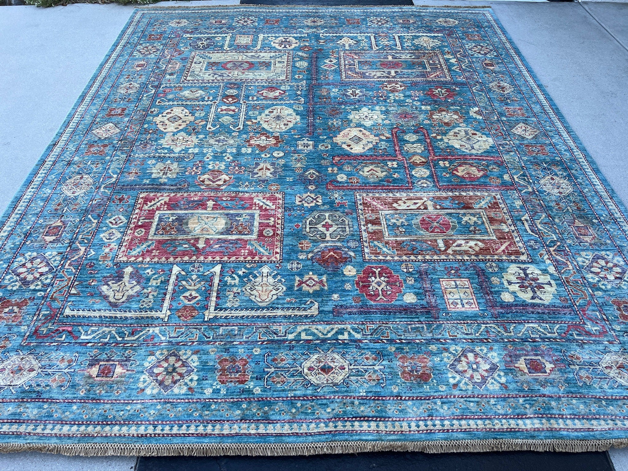 8x10 (240x300) Handmade Afghan Rug | Aqua Sky Blue Crimson Burgundy Red Ivory Cream Gold Cream | Wool Floral Geometric Tribal Gabbeh