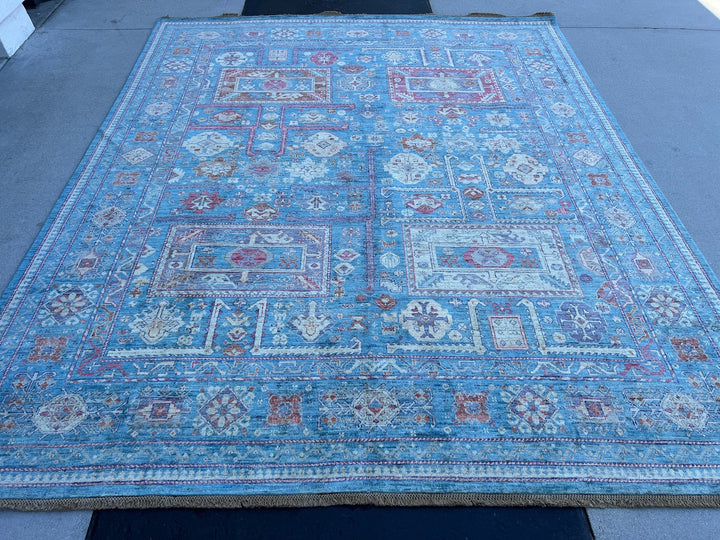 8x10 (240x300) Handmade Afghan Rug | Aqua Sky Blue Crimson Burgundy Red Ivory Cream Gold Cream | Wool Floral Geometric Tribal Gabbeh