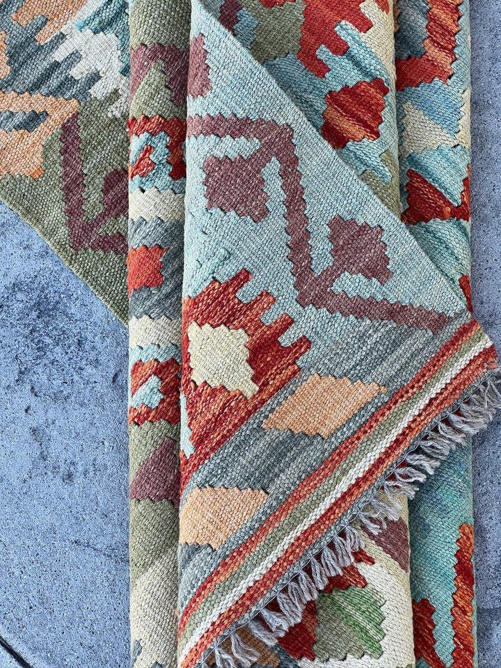 3x13 (90x410) Handmade Afghan Kilim Rug Runner | Sky Blue Moss Green Peach Burnt Orange Cream Taupe Eggplant Purple Cornsilk Yellow | Wool