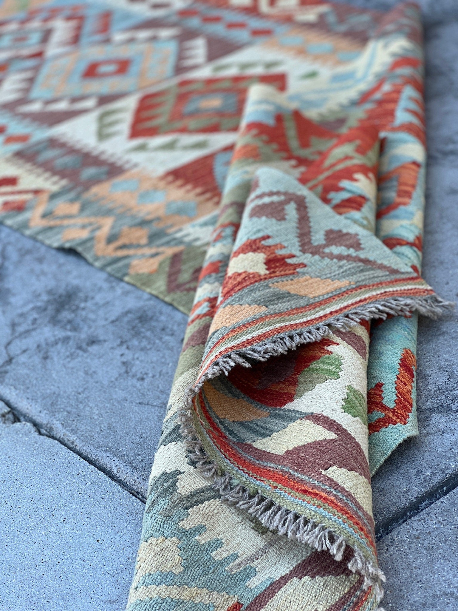 3x13 (90x410) Handmade Afghan Kilim Rug Runner | Sky Blue Moss Green Peach Burnt Orange Cream Taupe Eggplant Purple Cornsilk Yellow | Wool