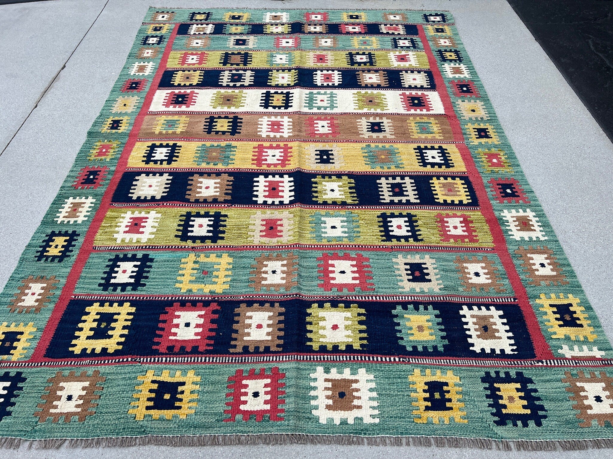 6x8 (183x245) Handmade Afghan Kilim Rug | Navy Aqua Blue Chartreuse Moss Green Fuchsia Pink White Ivory Mustard Gold Yellow Mocha Brown Wool