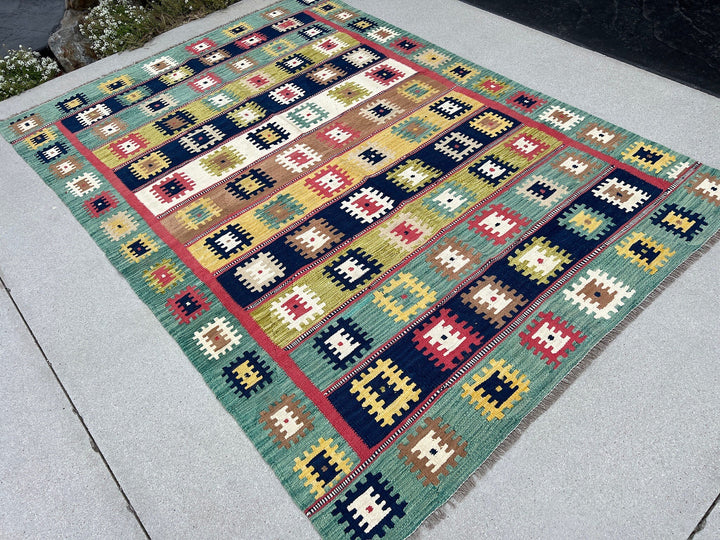 6x8 (183x245) Handmade Afghan Kilim Rug | Navy Aqua Blue Chartreuse Moss Green Fuchsia Pink White Ivory Mustard Gold Yellow Mocha Brown Wool