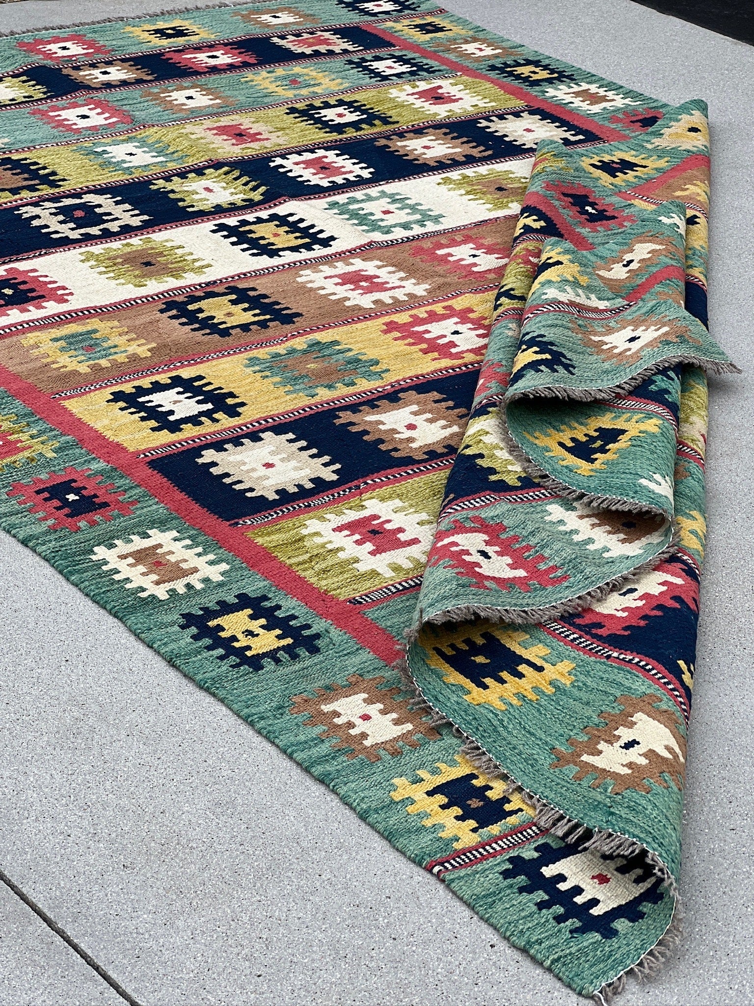 6x8 (183x245) Handmade Afghan Kilim Rug | Navy Aqua Blue Chartreuse Moss Green Fuchsia Pink White Ivory Mustard Gold Yellow Mocha Brown Wool