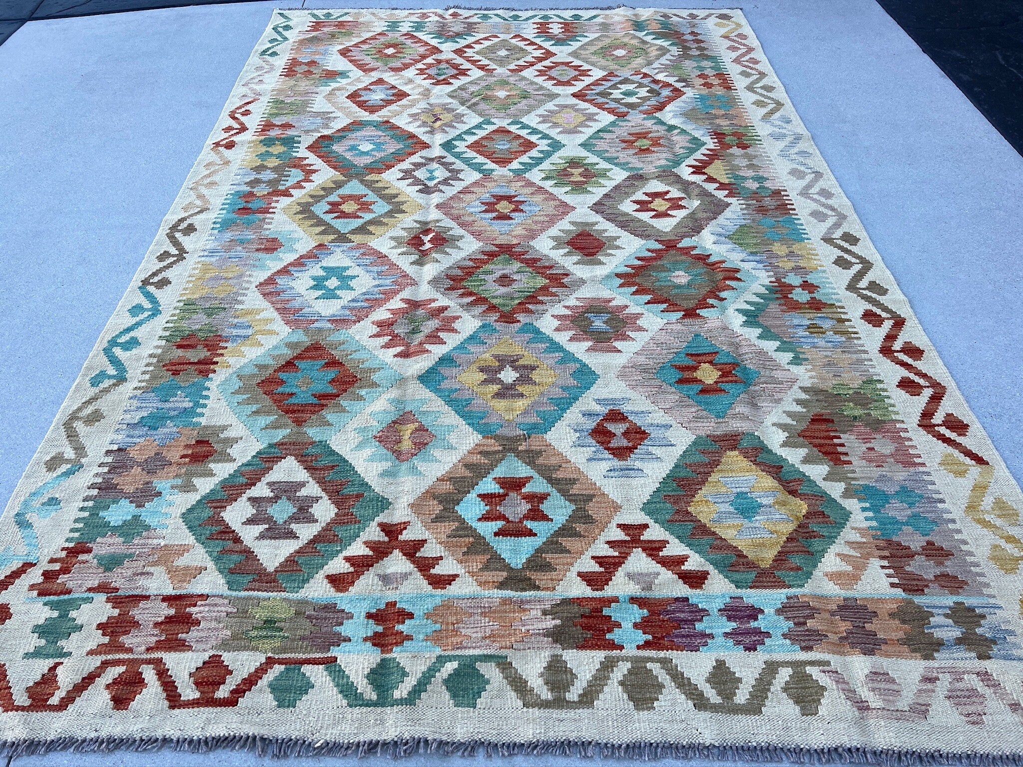 7x10 Handmade Afghan Kilim Rug | Cream White Mocha Brown Rust Orange Blood Red Sand Sky Aqua Blue Rose Pink Mustard Forest Moss Green | Wool