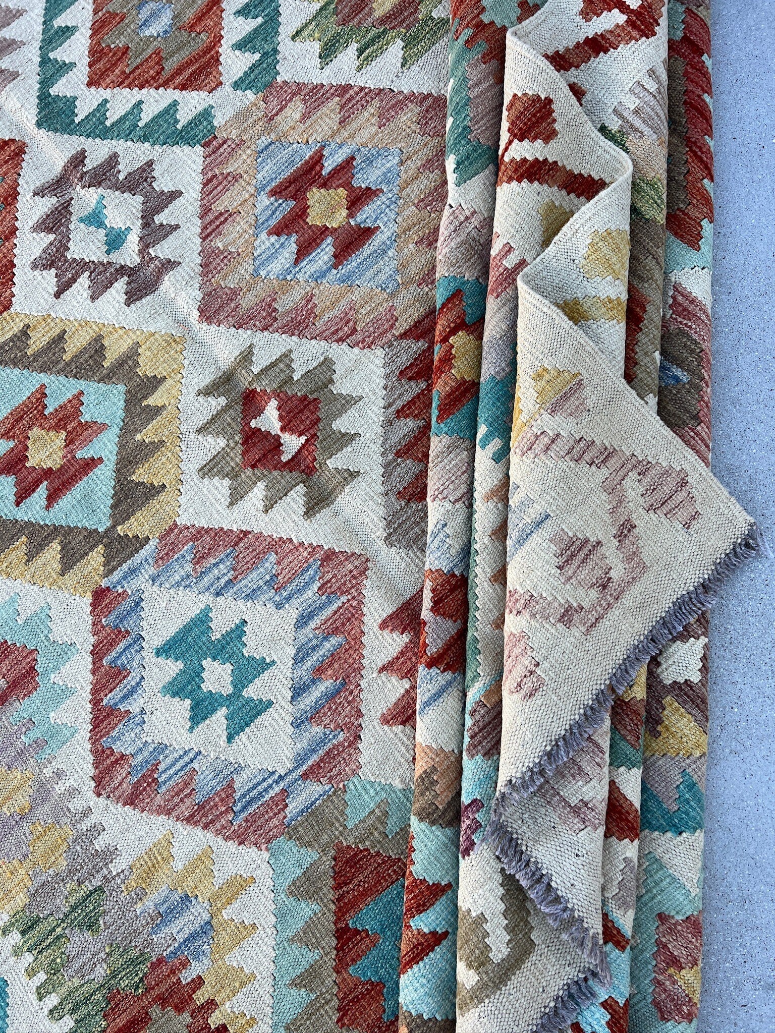 7x10 Handmade Afghan Kilim Rug | Cream White Mocha Brown Rust Orange Blood Red Sand Sky Aqua Blue Rose Pink Mustard Forest Moss Green | Wool