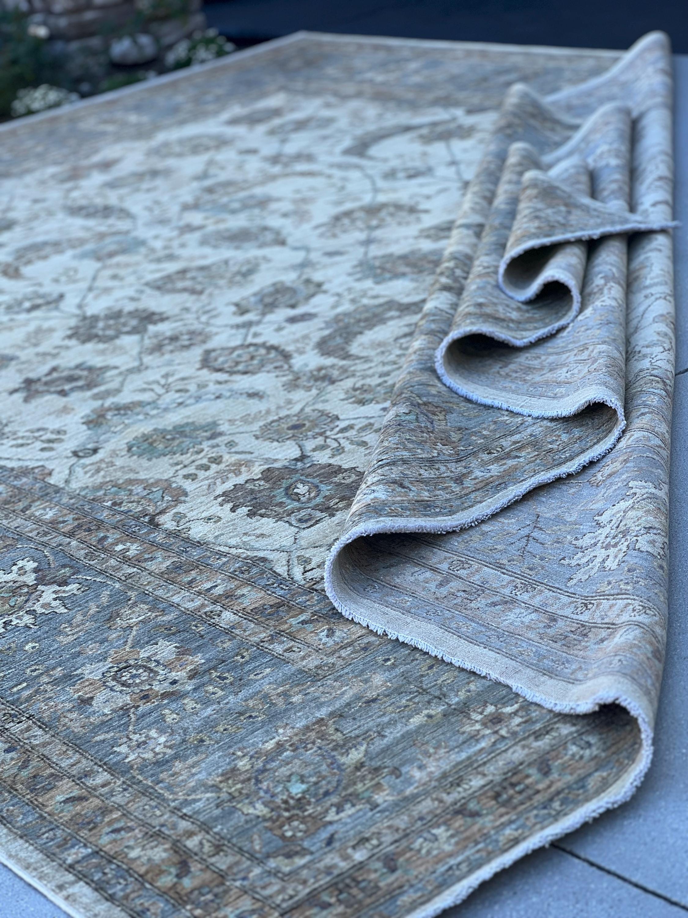 9x12 (274x365) Handmade Afghan Rug | Beige Charcoal Grey Sage Green Sky Blue Taupe | Wool Floral Persian Turkish Muted Neutral