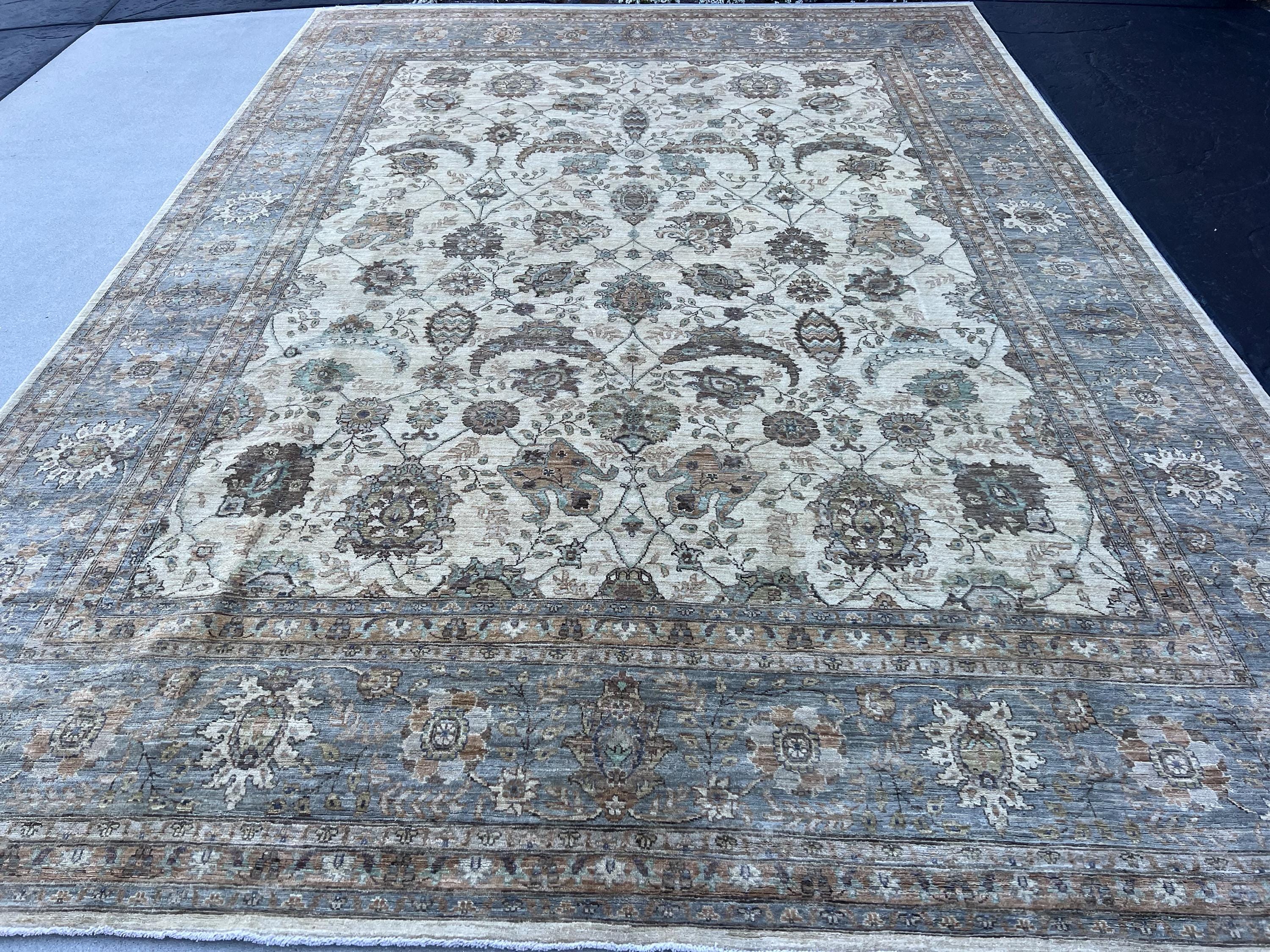 9x12 (274x365) Handmade Afghan Rug | Beige Charcoal Grey Sage Green Sky Blue Taupe | Wool Floral Persian Turkish Muted Neutral