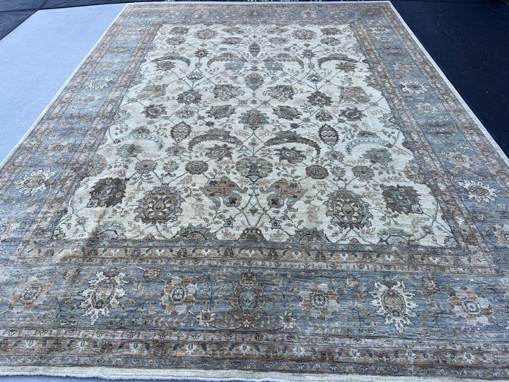 9x12 (274x365) Handmade Afghan Rug | Beige Charcoal Grey Sage Green Sky Blue Taupe | Wool Floral Persian Turkish Muted Neutral