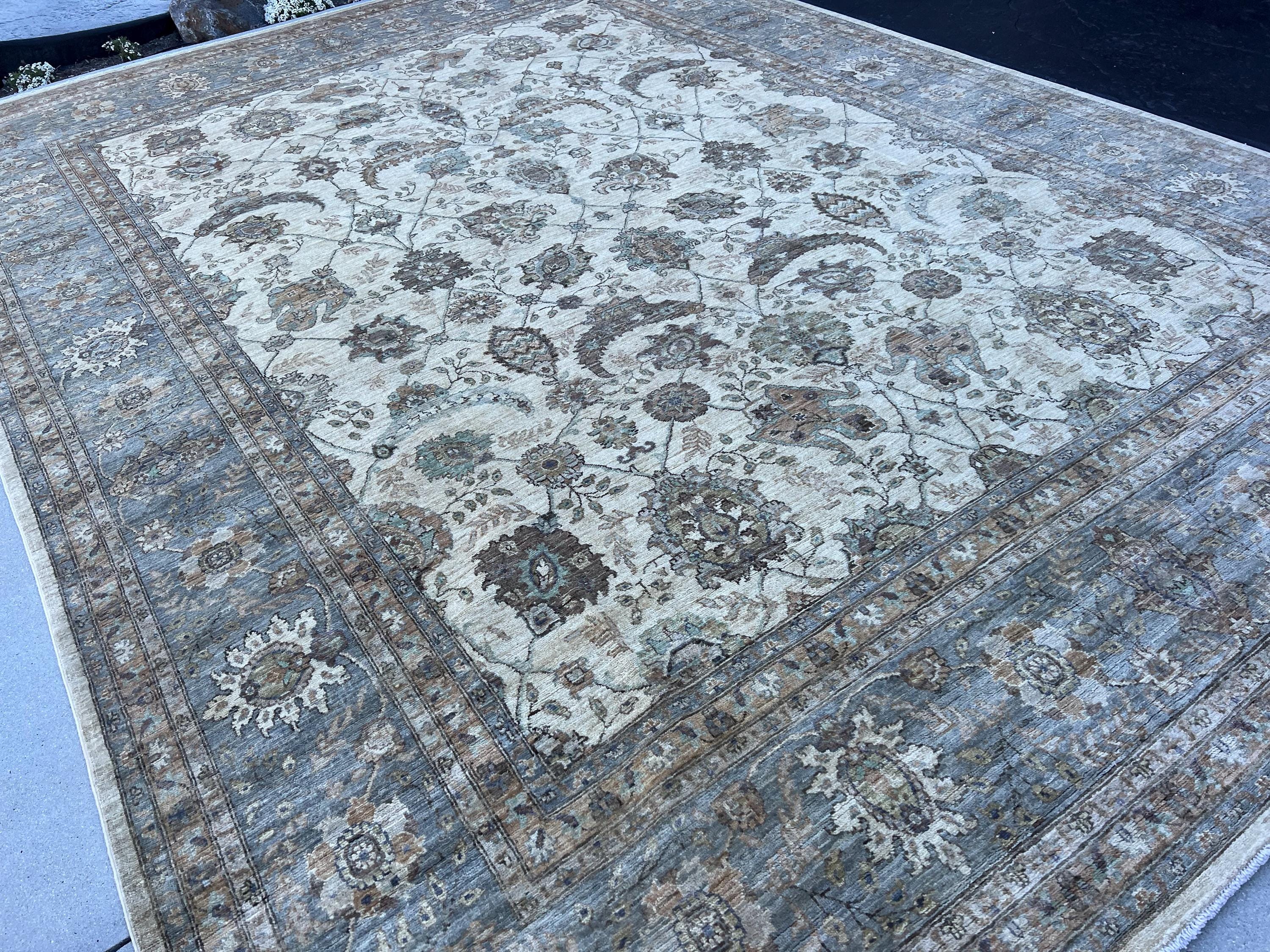 9x12 (274x365) Handmade Afghan Rug | Beige Charcoal Grey Sage Green Sky Blue Taupe | Wool Floral Persian Turkish Muted Neutral